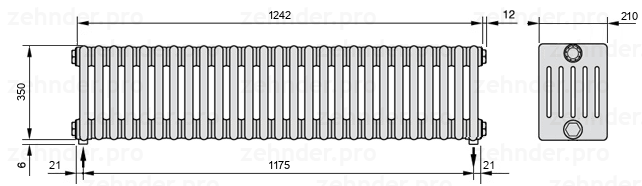 Схема (чертеж) Радиатор Zehnder Charleston 6035/27 №3570 Белый глянцевый RAL 9016